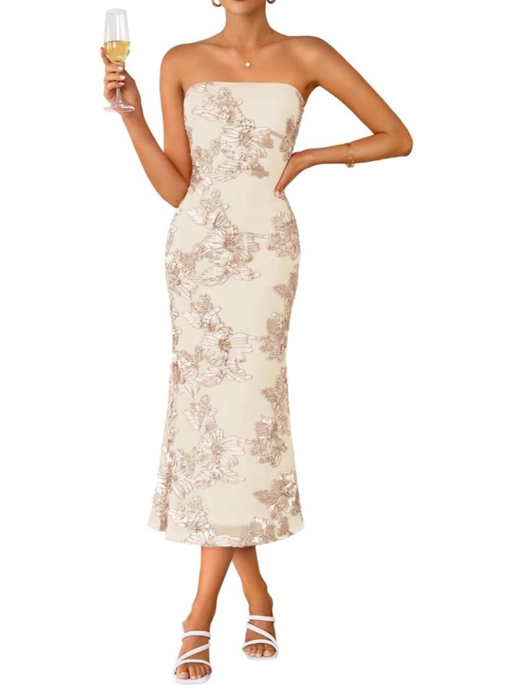Women's Summer Strapless Almond Floral Bodycon Mesh Tube Formal Party Midi Dress